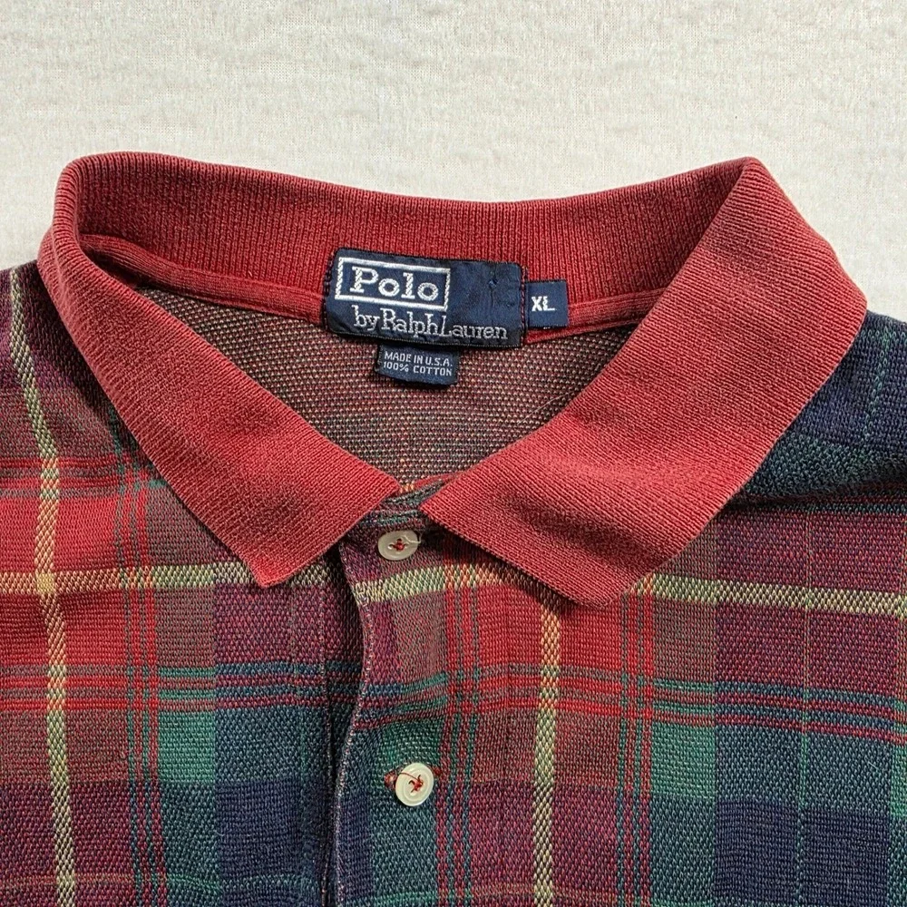 Polo Ralph Lauren Plaid‎ Polo Shirt Mens XL Red Green Blue Vintage Made in USA
